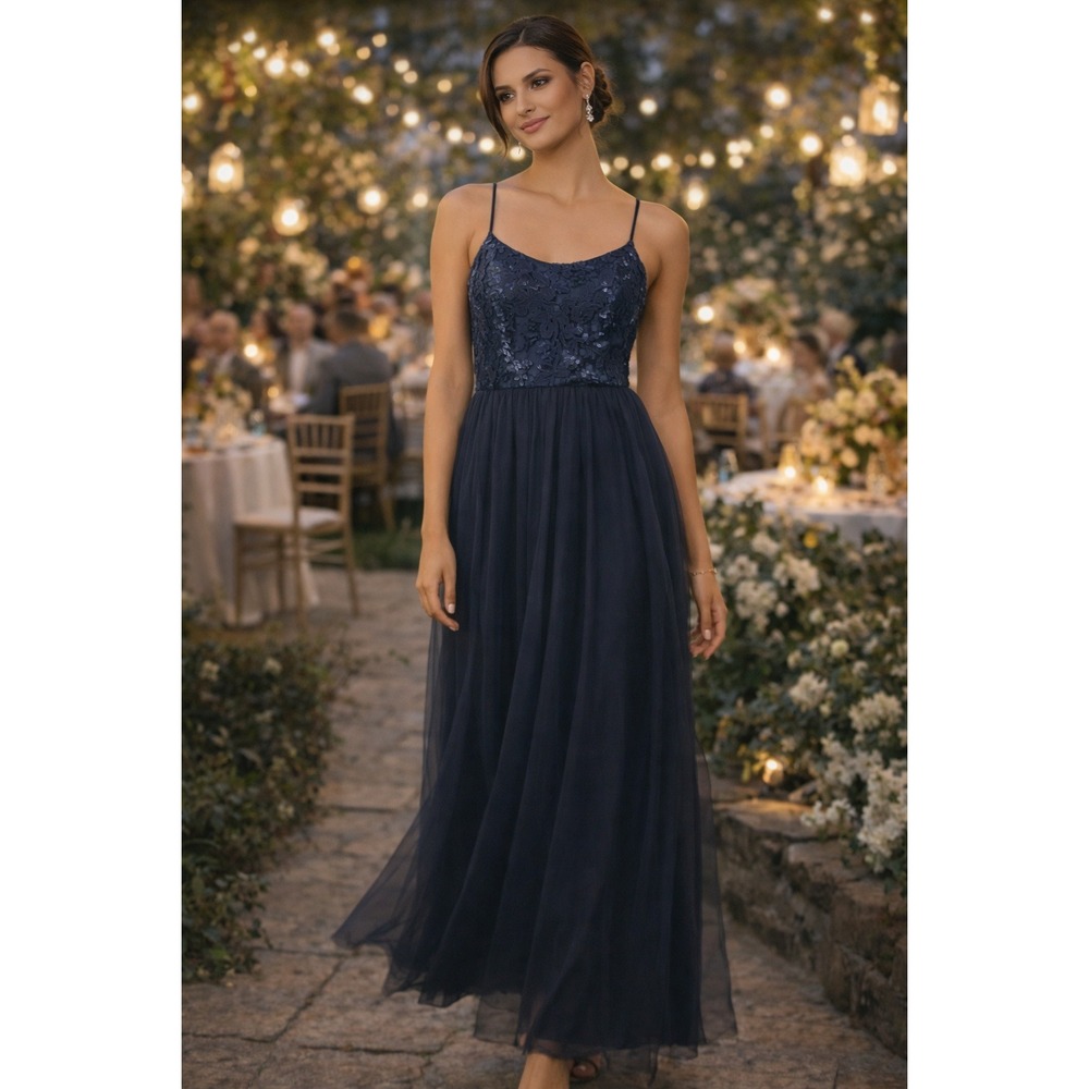 Amsale Stephanie Sequin Lace Maxi Dress Navy Formal Size 10 Wedding Formal